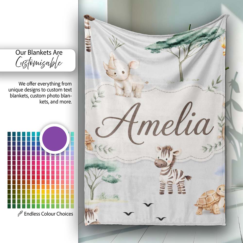 Cute Safari Animals Zebra Rhino Turtle on grey Seamless Pattern Personalised Custom Name Super Soft Fleece Blanket Bed Sofa Throw
