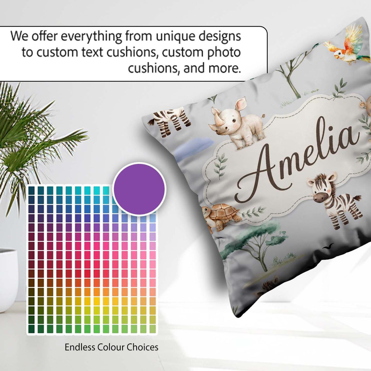 Custom Name Safari Animals Zebra Turtle on grey Seamless Pattern Square Filled Cushion Throw Pillow Sofa Bed Home Decor Zip Washable UK Made