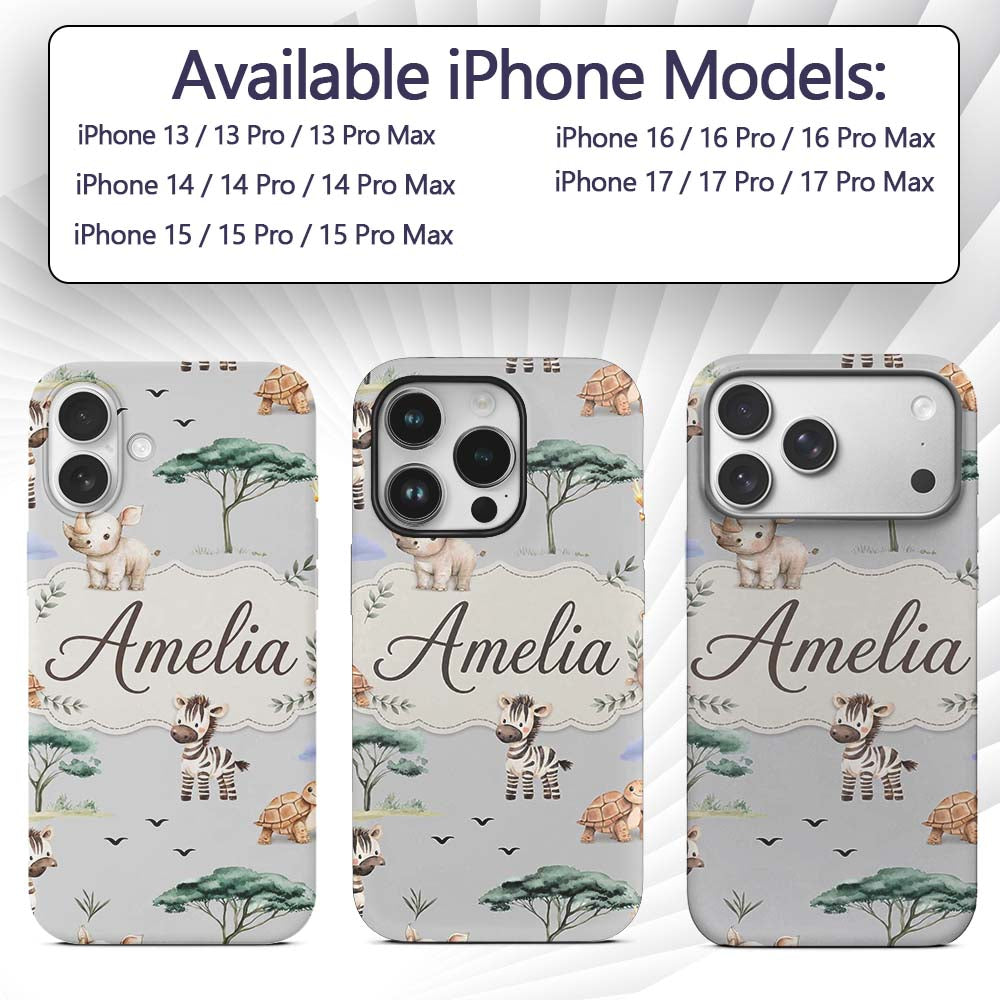 Cute Safari Animals Zebra Rhino Turtle on grey Custom Name Protective Phone Case Mobile Cover Durable Everyday Smartphone Shock Resistant