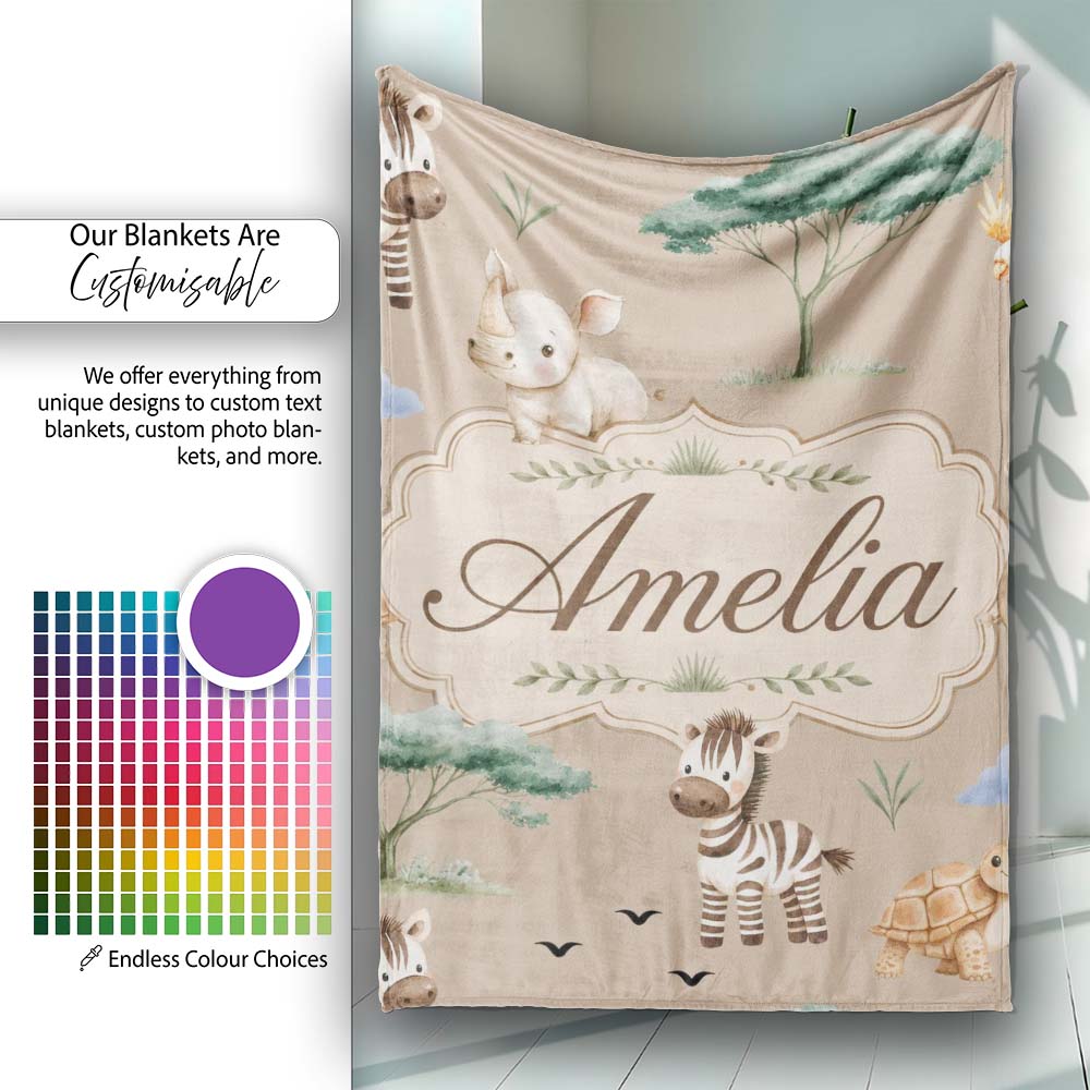 Cute Safari Animals Zebra Rhino Turtle Light Tan Seamless Pattern Personalised Custom Name Super Soft Fleece Blanket Bed Sofa Throw