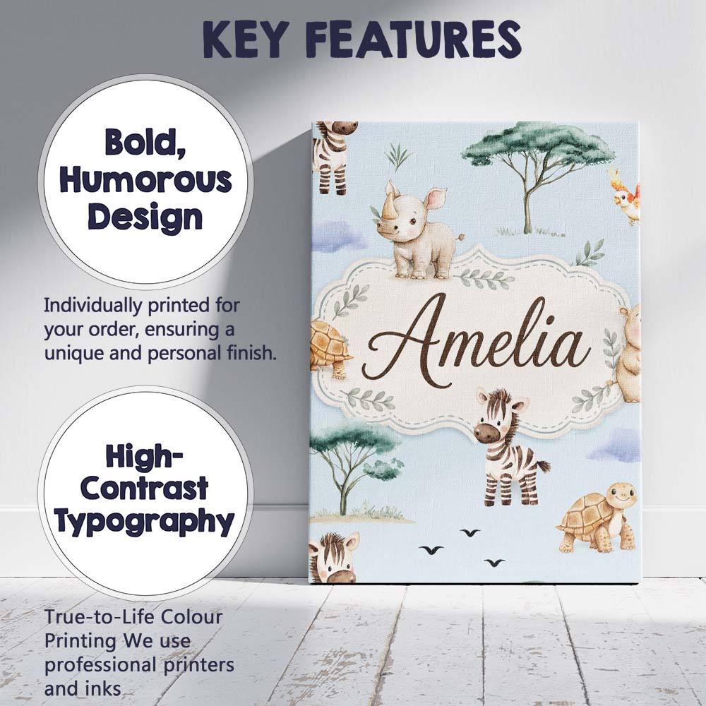Personalised Name Cute Safari Animals Zebra Custom Bespoke Interior Contemporary Canvas Wall Art Print Decor Picture Ready to Hang