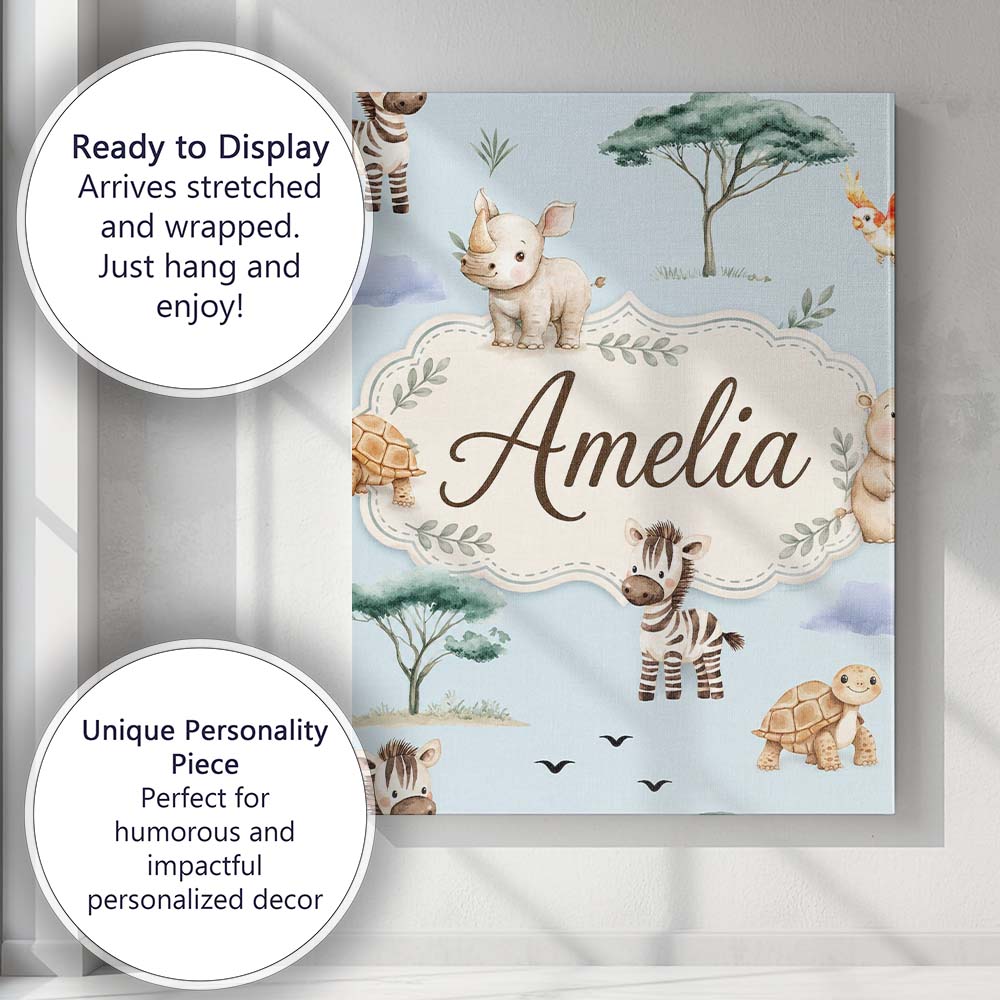 Personalised Name Cute Safari Animals Zebra Custom Bespoke Interior Contemporary Canvas Wall Art Print Decor Picture Ready to Hang
