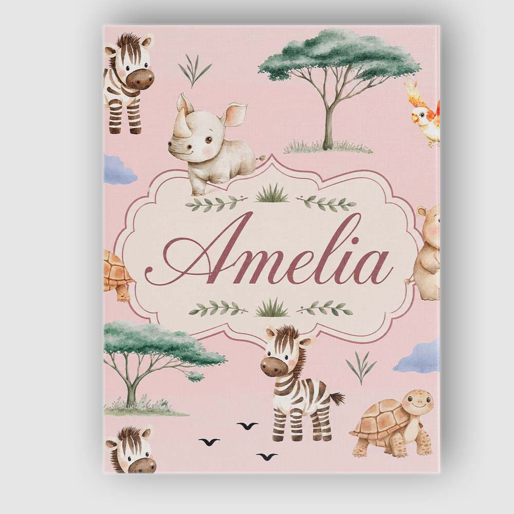 Personalised Name Cute Safari Animals Zebra Custom Bespoke Interior Contemporary Canvas Wall Art Print Decor Picture Ready to Hang