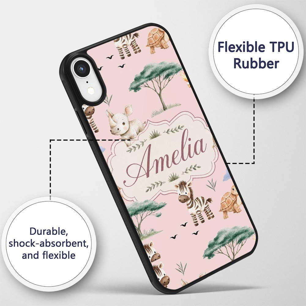 Cute Safari Animals Zebra Rhino Turtle Soft Pink Custom Name Protective Phone Case Mobile Cover Durable Everyday Smartphone Shock Resistant