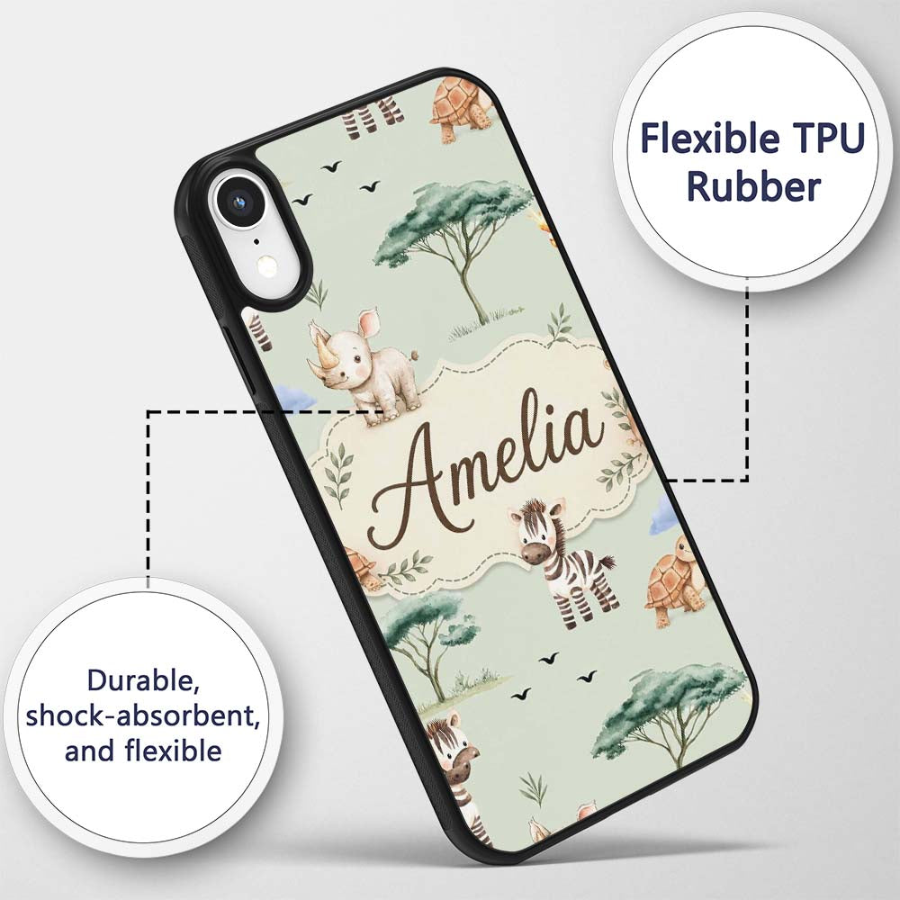 Cute Safari Animals Zebra Rhino Turtle Sage Green Custom Name Protective Phone Case Mobile Cover Durable Everyday Smartphone Shock Resistant