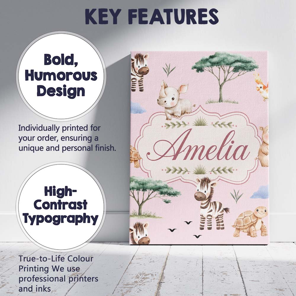 Personalised Name Cute Safari Animals Zebra Custom Bespoke Interior Contemporary Canvas Wall Art Print Decor Picture Ready to Hang