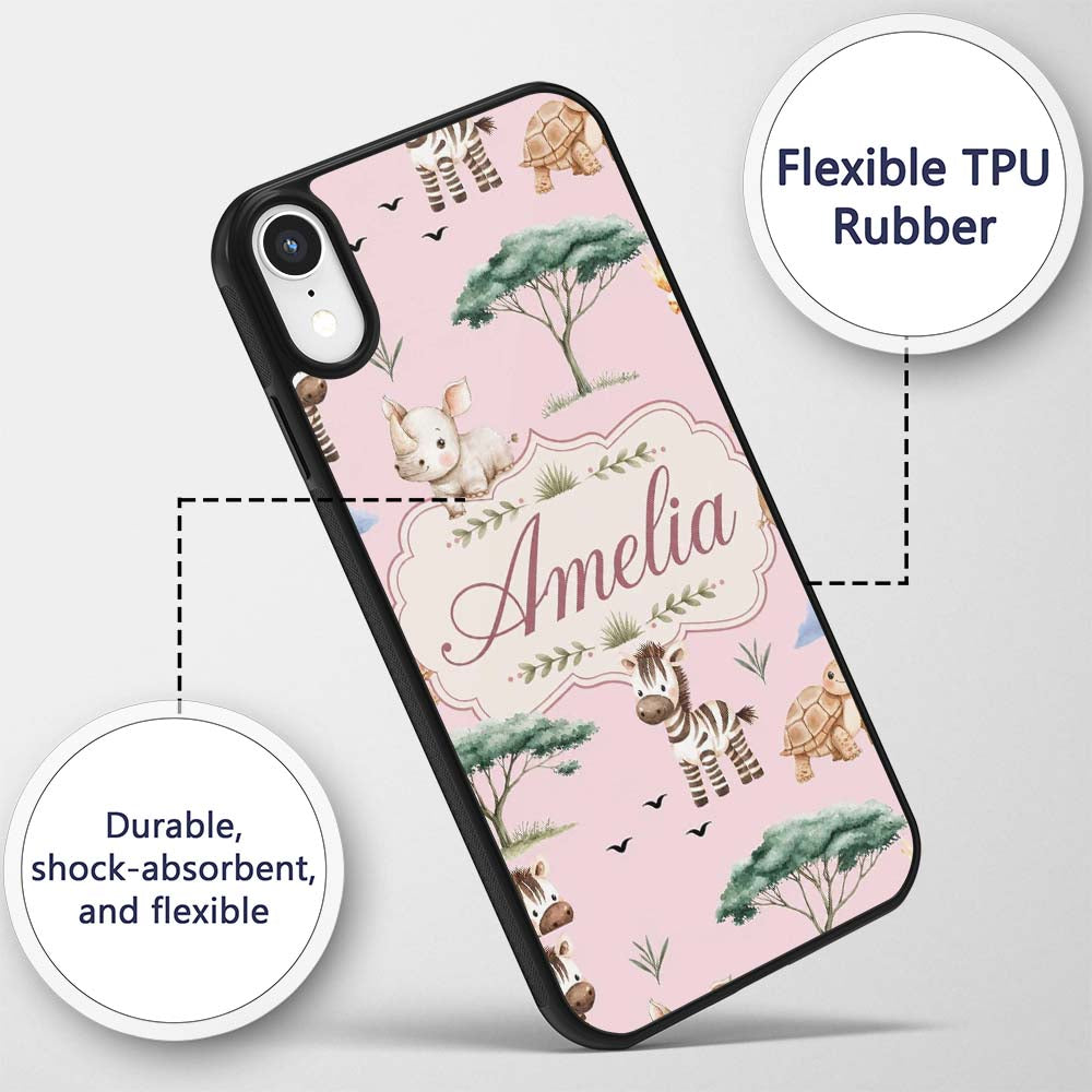 Cute Safari Animals Zebra Rhino Printed Design Custom Name Protective Phone Case Mobile Cover Durable Everyday Smartphone Shock Resistant