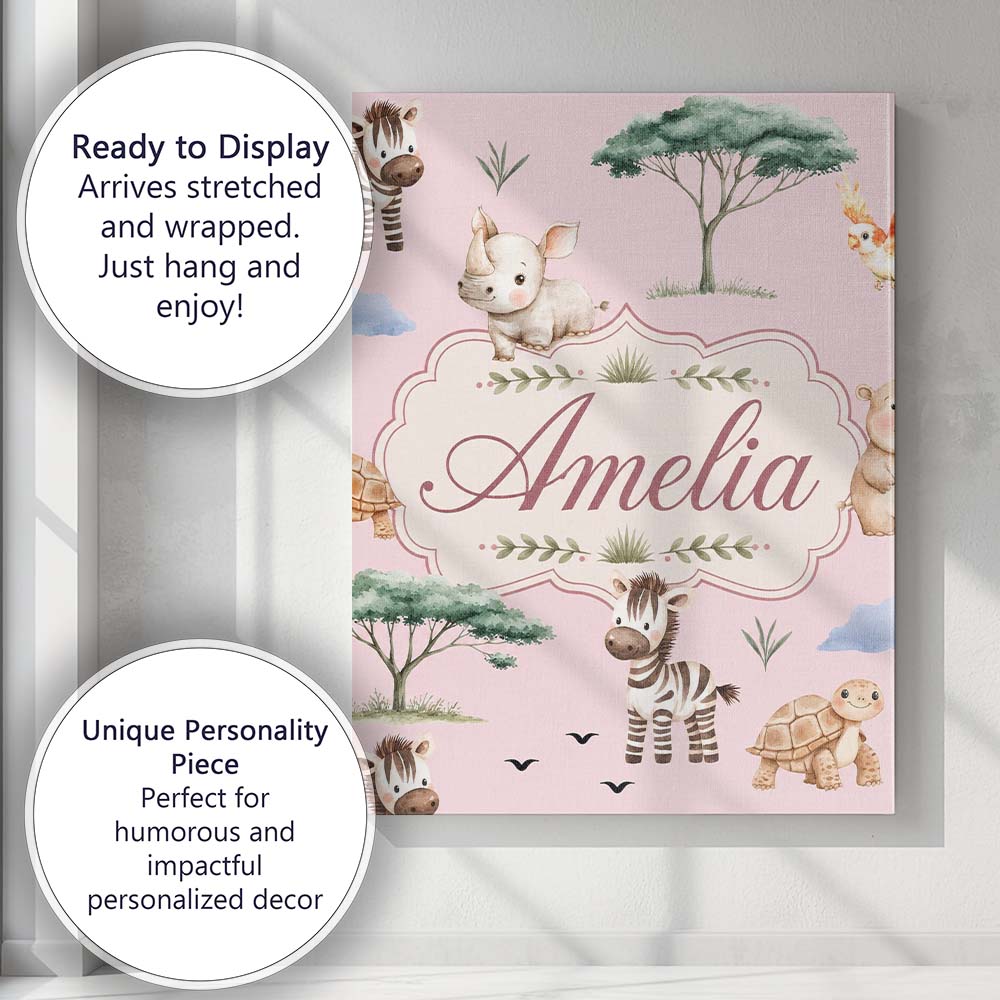 Personalised Name Cute Safari Animals Zebra Custom Bespoke Interior Contemporary Canvas Wall Art Print Decor Picture Ready to Hang