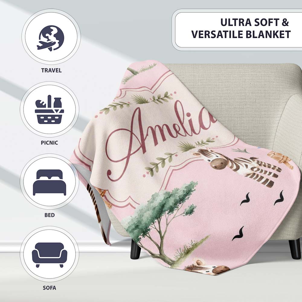 Cute Safari Animals Zebra Rhino Turtle Pink Seamless Pattern Lovely Personalised Custom Name Super Soft Fleece Blanket Bed Sofa Throw