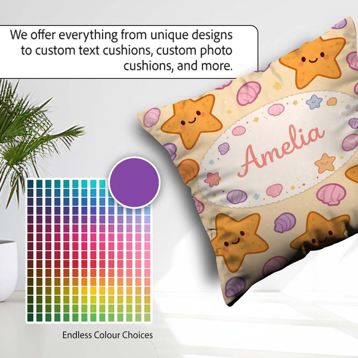 Custom Name Cute Starfish Shell Cartoon Ocean Animal Pattern Square Filled Cushion Throw Pillow Sofa Bed Home Decor Zip Washable UK Made
