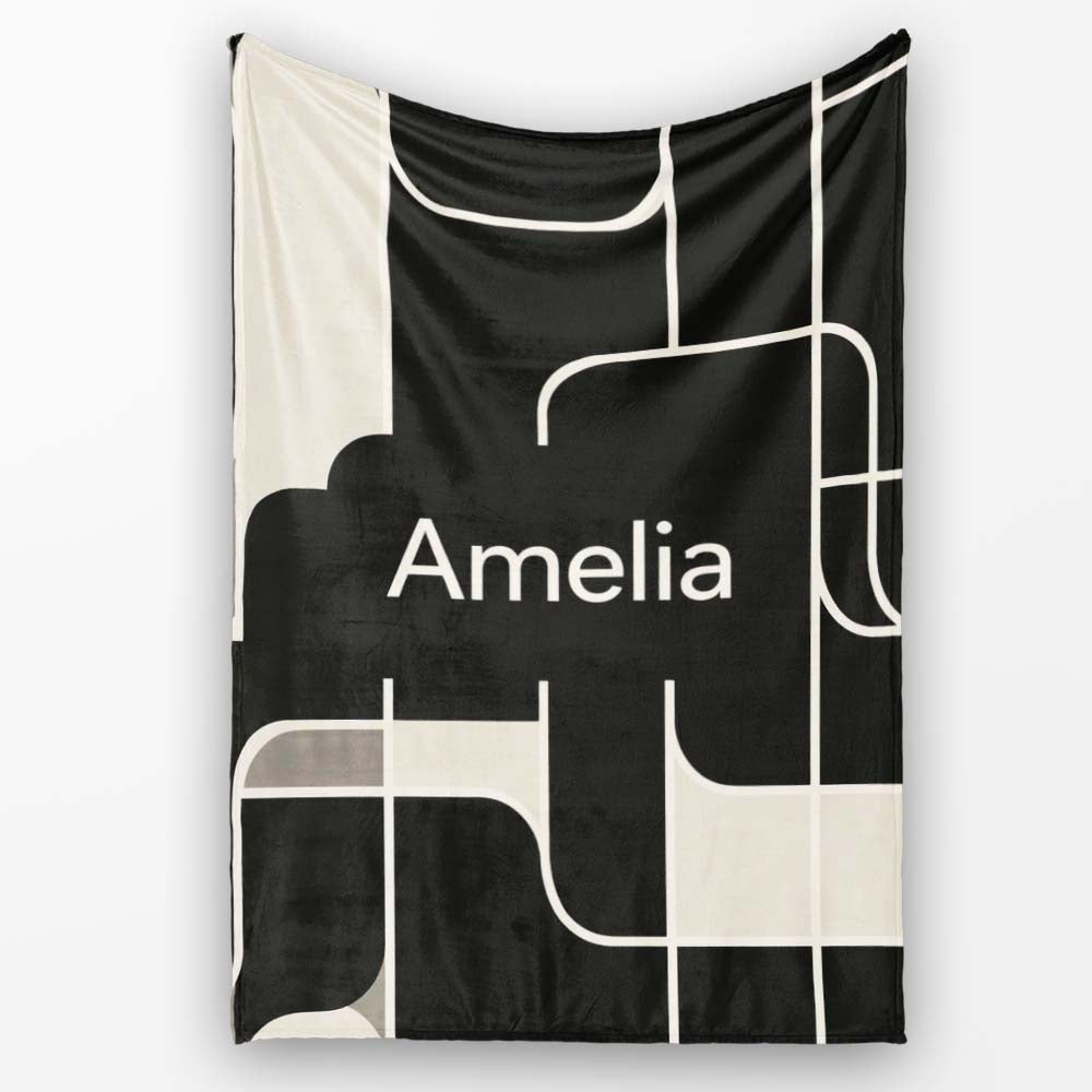 Contemporary Line Grid Black Cream Abstract Outline Pattern Lovely Personalised Custom Name Super Soft Fleece Blanket Bed Sofa Throw