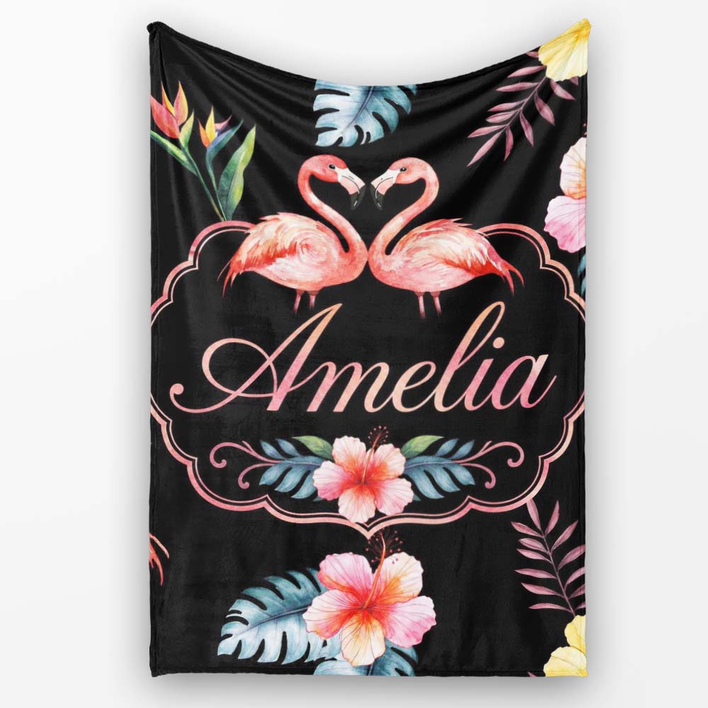 Elegant Pink Flamingos Tropical Flowers on Black Background Seamless Personalised Custom Name Super Soft Fleece Blanket Bed Sofa Throw