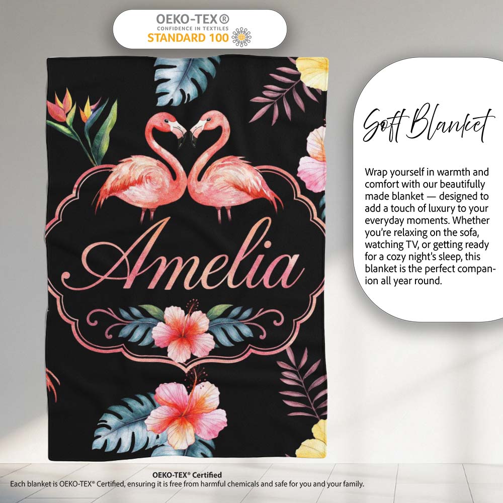 Elegant Pink Flamingos Tropical Flowers on Black Background Seamless Personalised Custom Name Super Soft Fleece Blanket Bed Sofa Throw