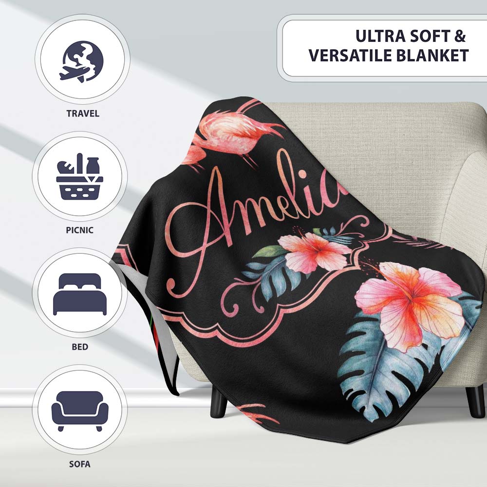 Elegant Pink Flamingos Tropical Flowers on Black Background Seamless Personalised Custom Name Super Soft Fleece Blanket Bed Sofa Throw