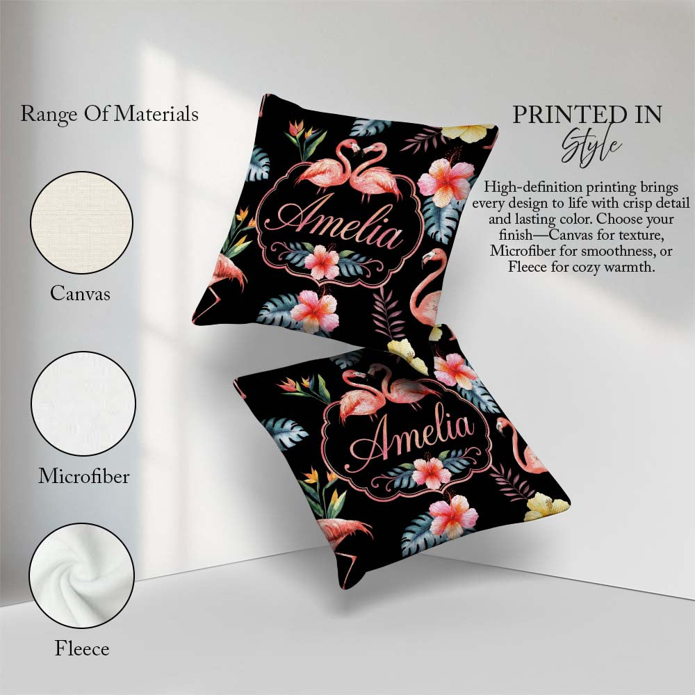 Custom Name Elegant Flamingos Tropical Flowers on Black Seamless Square Filled Cushion Throw Pillow Sofa Bed Home Decor Zip Washable UK Made