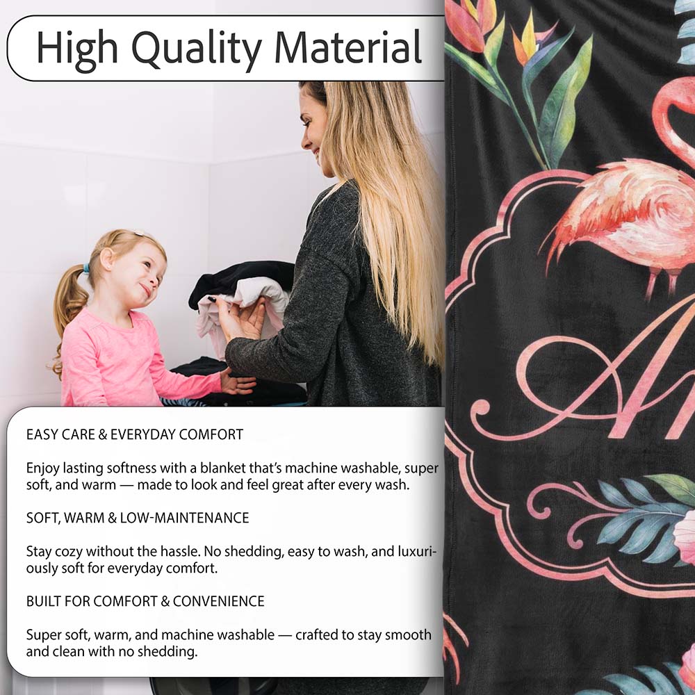 Elegant Pink Flamingos Tropical Flowers on Black Background Seamless Personalised Custom Name Super Soft Fleece Blanket Bed Sofa Throw