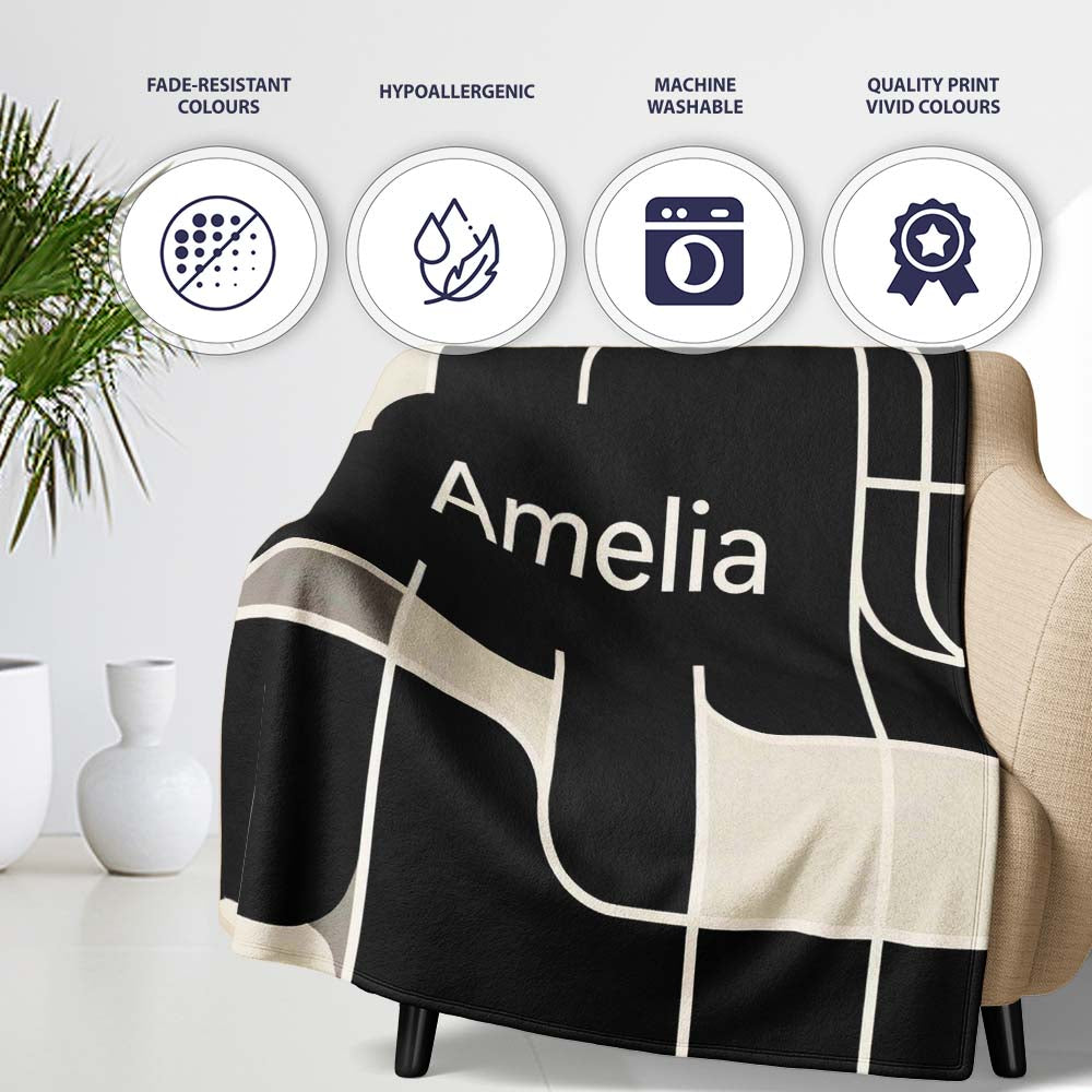 Contemporary Line Grid Black Cream Abstract Outline Pattern Lovely Personalised Custom Name Super Soft Fleece Blanket Bed Sofa Throw