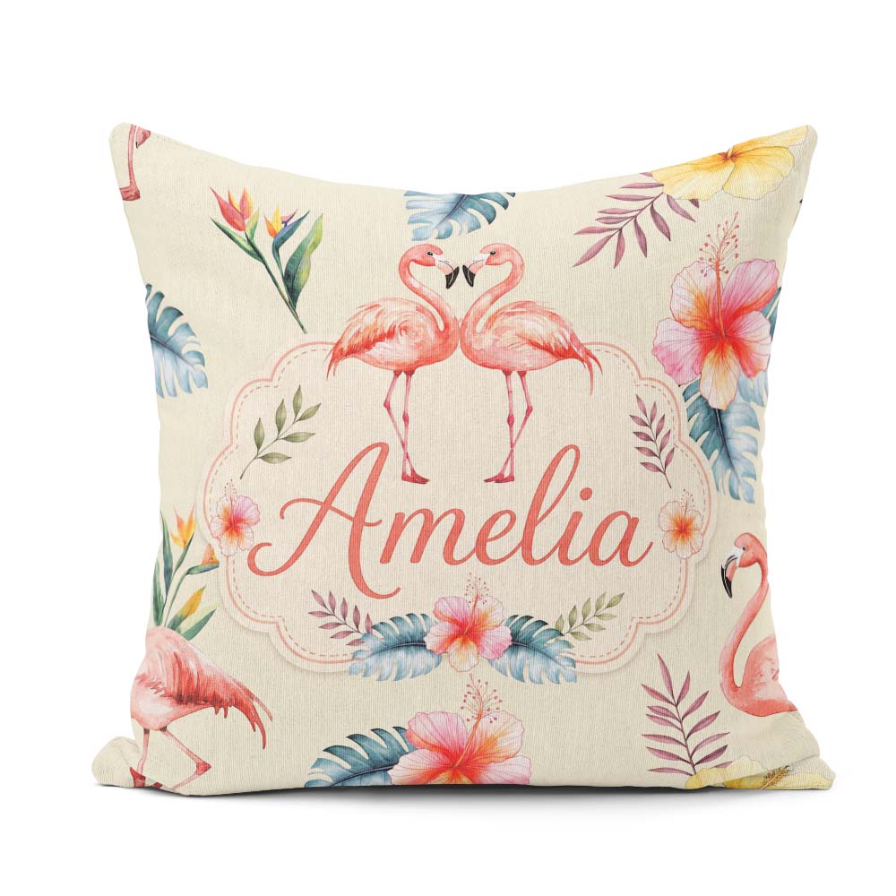 Custom Name Elegant Flamingos Tropical Flowers on Beige Seamless Square Filled Cushion Throw Pillow Sofa Bed Home Decor Zip Washable UK Made