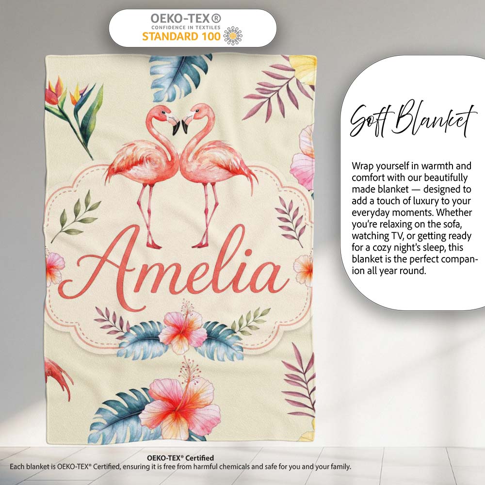 Elegant Pink Flamingos Tropical Flowers on Beige Background Seamless Personalised Custom Name Super Soft Fleece Blanket Bed Sofa Throw