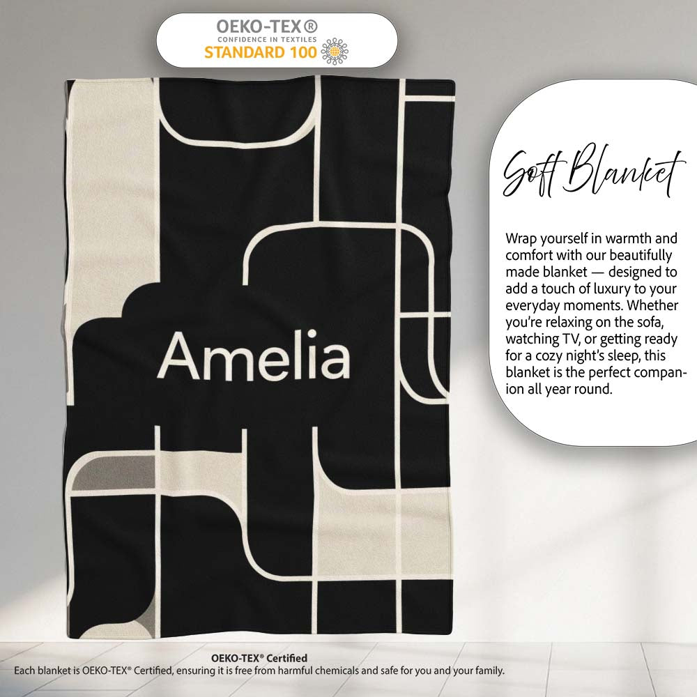 Contemporary Line Grid Black Cream Abstract Outline Pattern Lovely Personalised Custom Name Super Soft Fleece Blanket Bed Sofa Throw