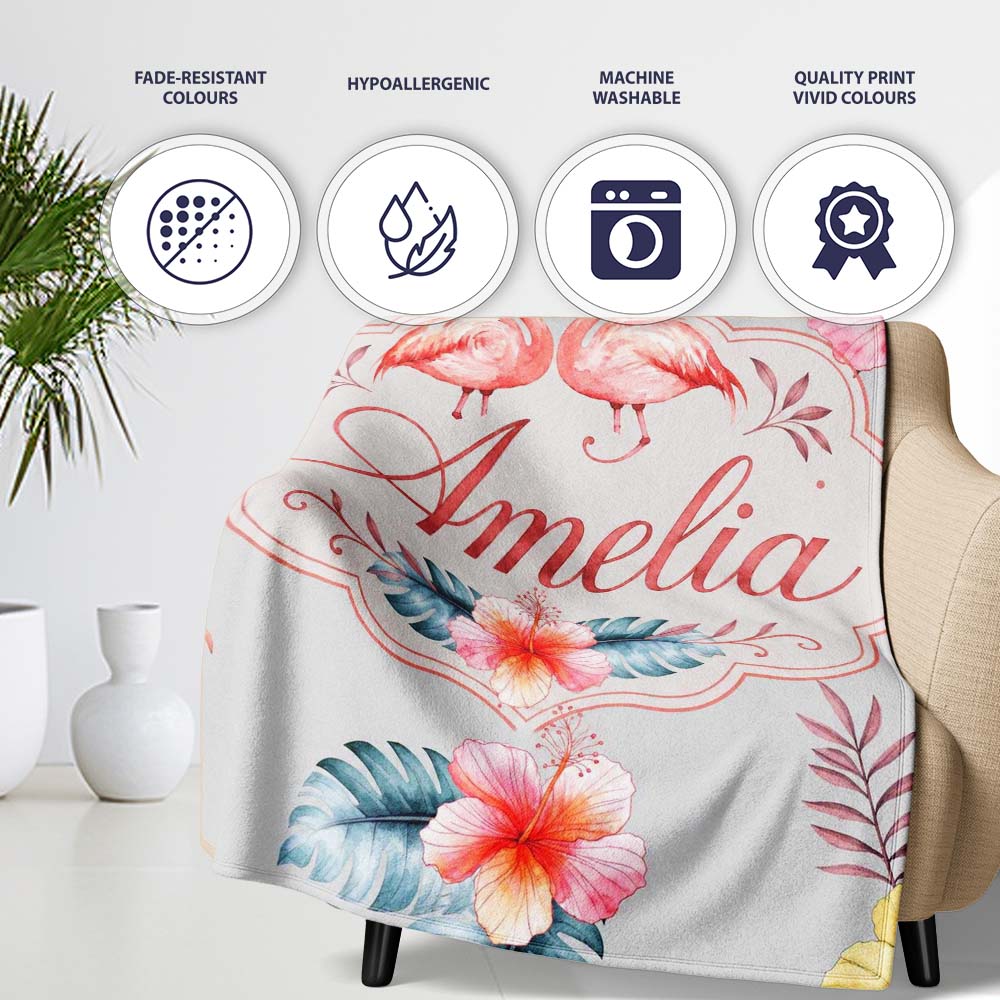 Elegant Pink Flamingos Tropical Flowers on Grey Background Seamless Personalised Custom Name Super Soft Fleece Blanket Bed Sofa Throw