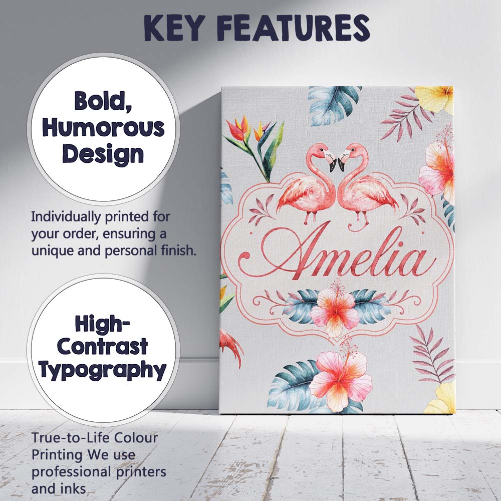 Personalised Name Elegant Pink Flamingos Custom Interior Decorative Contemporary Canvas Wall Art Print Decor Picture Ready to Hang