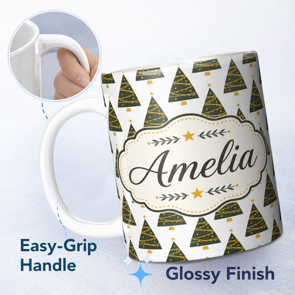 Personalized Custom Name Minimal Christmas Trees Gold Garland White Background Seamless 11oz Ceramic Coffee Tea Mug White Large Handle