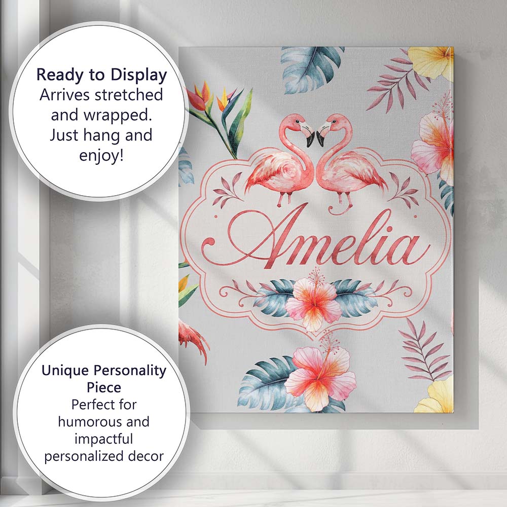 Personalised Name Elegant Pink Flamingos Custom Interior Decorative Contemporary Canvas Wall Art Print Decor Picture Ready to Hang