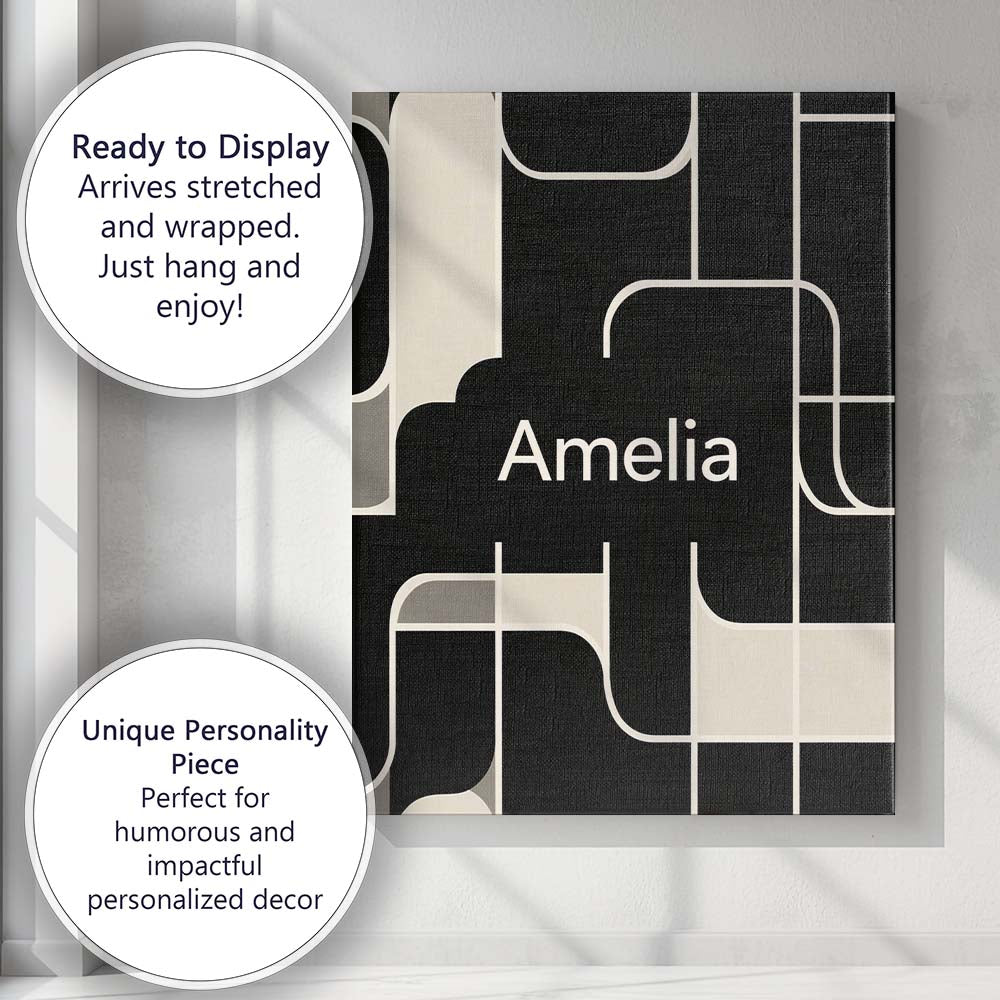 Personalised Name Contemporary Line Grid Black Cream Abstract Custom Statement Collection Canvas Wall Art Print Decor Picture Ready to Hang