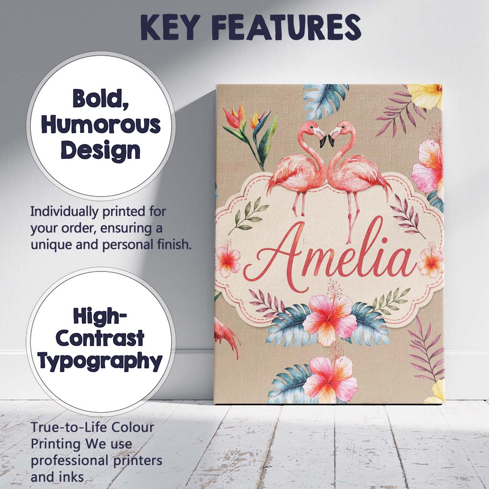 Personalised Name Elegant Pink Flamingos Custom Interior Decorative Contemporary Canvas Wall Art Print Decor Picture Ready to Hang