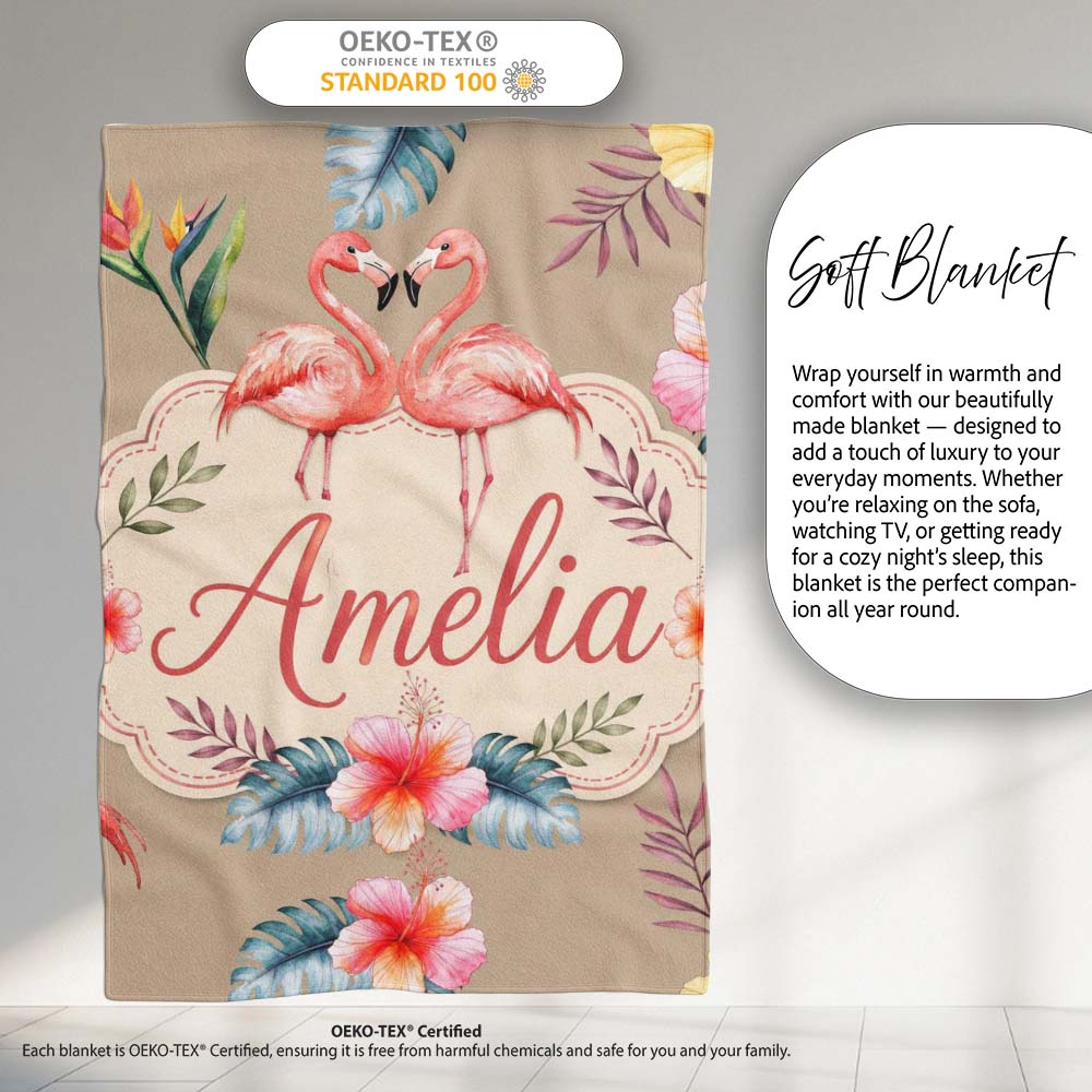 Elegant Pink Flamingos Tropical Flowers on Tan Background Seamless Personalised Custom Name Super Soft Fleece Blanket Bed Sofa Throw