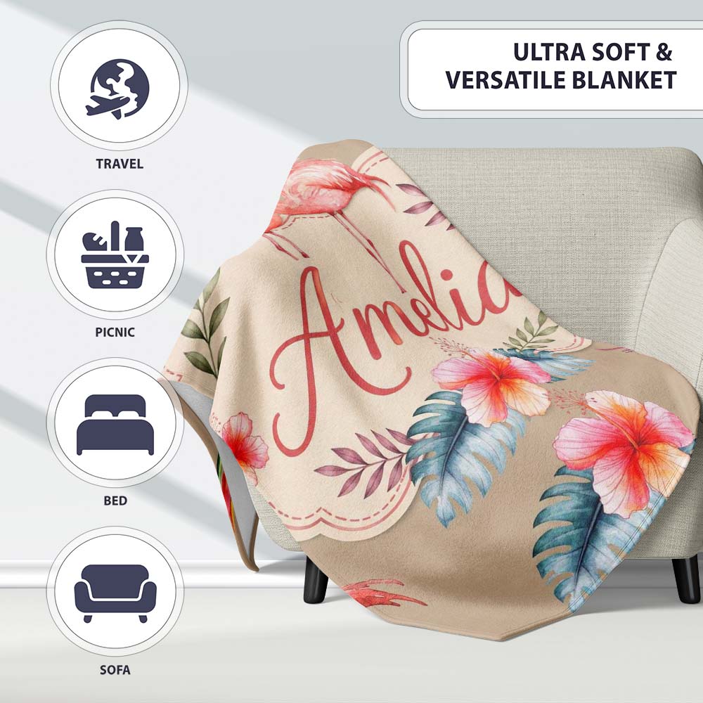 Elegant Pink Flamingos Tropical Flowers on Tan Background Seamless Personalised Custom Name Super Soft Fleece Blanket Bed Sofa Throw