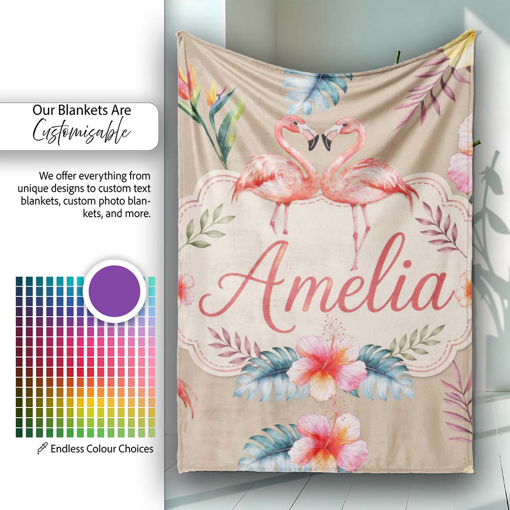 Elegant Pink Flamingos Tropical Flowers on Tan Background Seamless Personalised Custom Name Super Soft Fleece Blanket Bed Sofa Throw