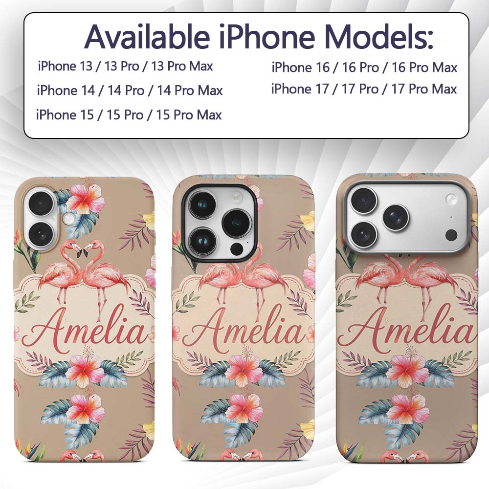 Elegant Pink Flamingos Tropical Flowers on Tan Custom Name Protective Phone Case Mobile Cover Durable Everyday Smartphone Shock Resistant