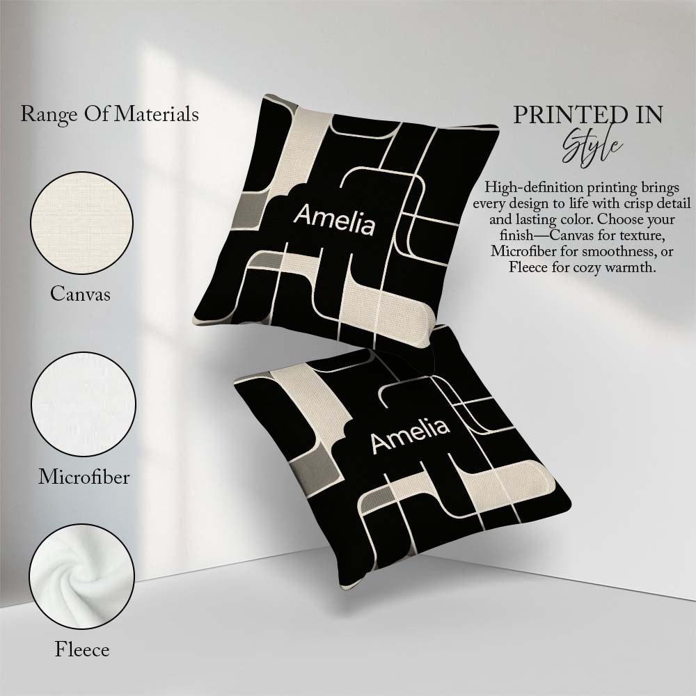 Custom Name Contemporary Line Grid Black Cream Abstract Outline Square Filled Cushion Throw Pillow Sofa Bed Home Decor Zip Washable UK Made