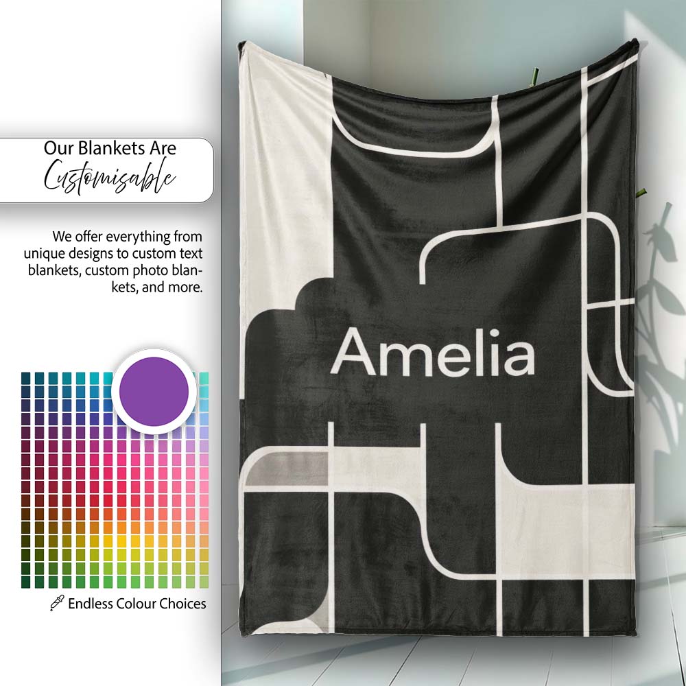 Contemporary Line Grid Black Cream Abstract Outline Pattern Lovely Personalised Custom Name Super Soft Fleece Blanket Bed Sofa Throw