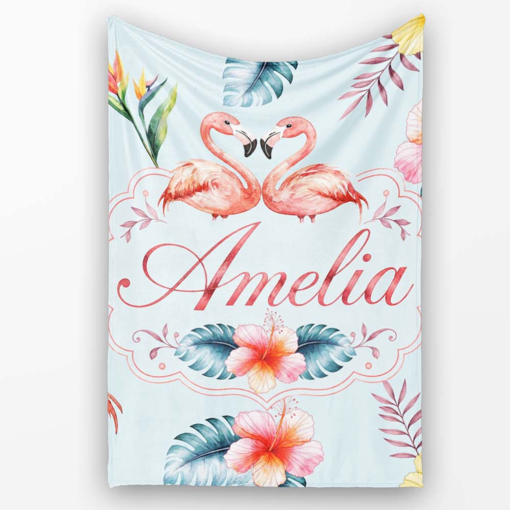 Elegant Pink Flamingos Tropical Flowers on Blue Background Seamless Personalised Custom Name Super Soft Fleece Blanket Bed Sofa Throw