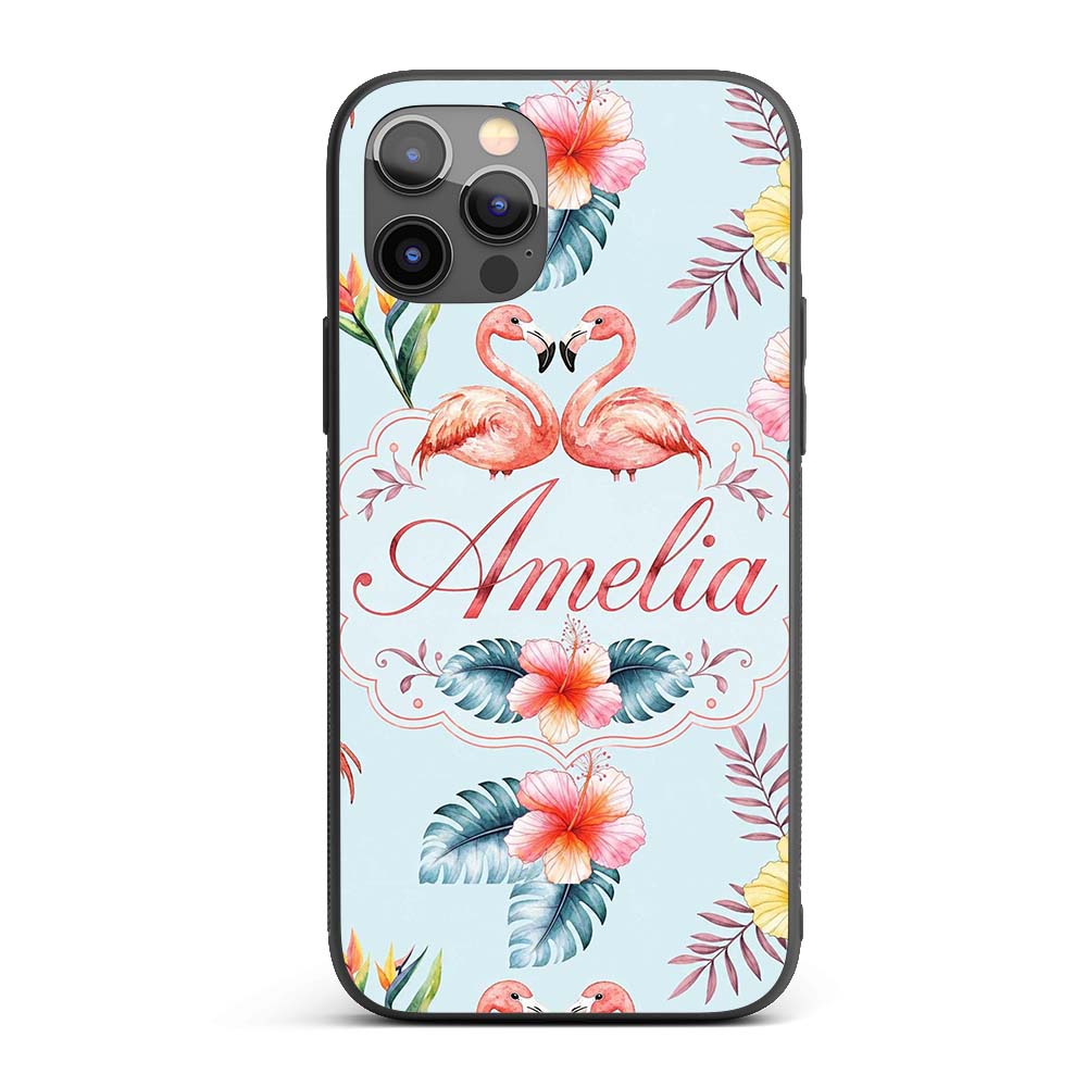 Elegant Pink Flamingos Tropical Flowers on Blue Custom Name Protective Phone Case Mobile Cover Durable Everyday Smartphone Shock Resistant
