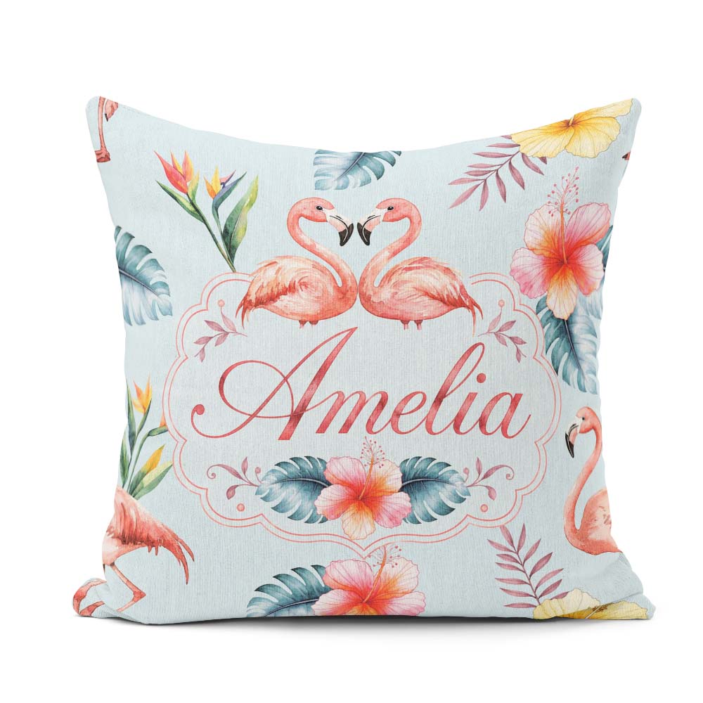 Custom Name Elegant Pink Tropical Flowers on Background Seamless Square Filled Cushion Throw Pillow Sofa Bed Home Decor Zip Washable UK Made