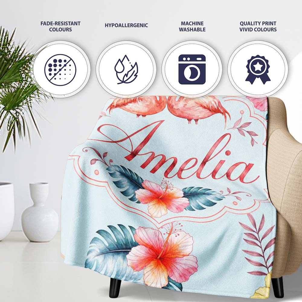 Elegant Pink Flamingos Tropical Flowers on Blue Background Seamless Personalised Custom Name Super Soft Fleece Blanket Bed Sofa Throw