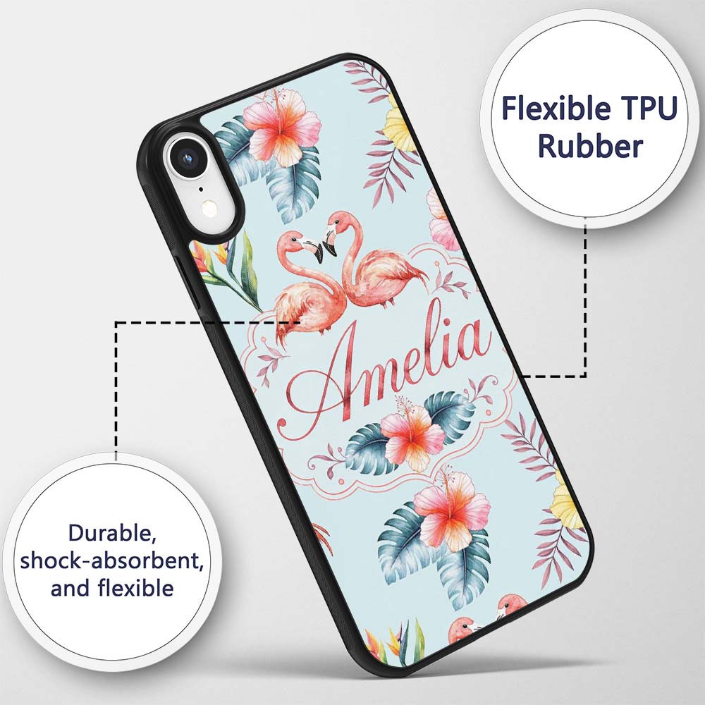 Elegant Pink Flamingos Tropical Flowers on Blue Custom Name Protective Phone Case Mobile Cover Durable Everyday Smartphone Shock Resistant