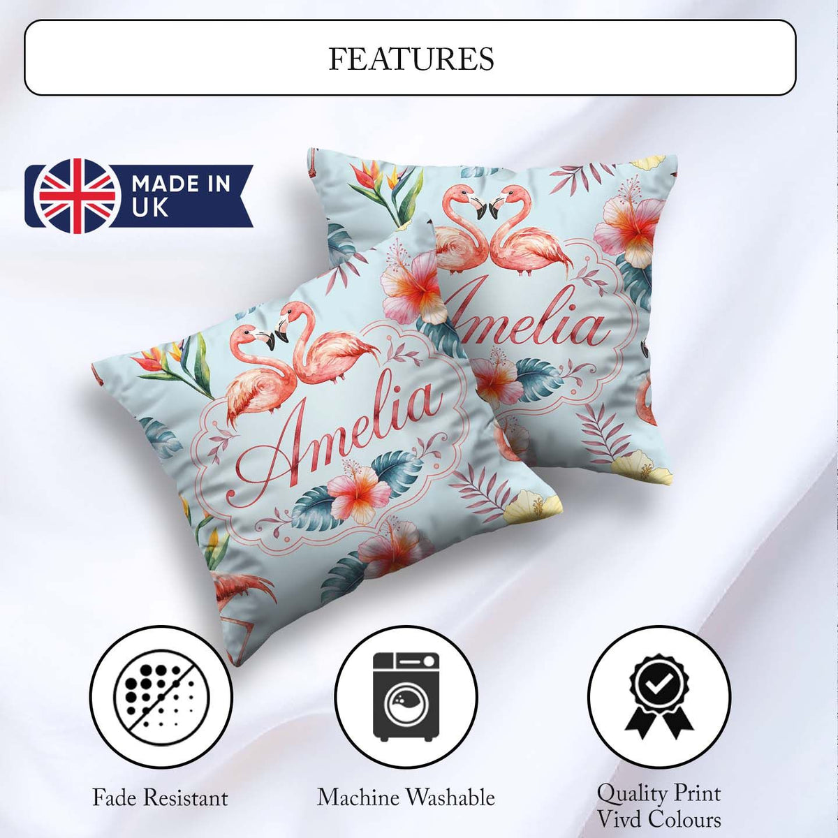 Custom Name Elegant Pink Tropical Flowers on Background Seamless Square Filled Cushion Throw Pillow Sofa Bed Home Decor Zip Washable UK Made