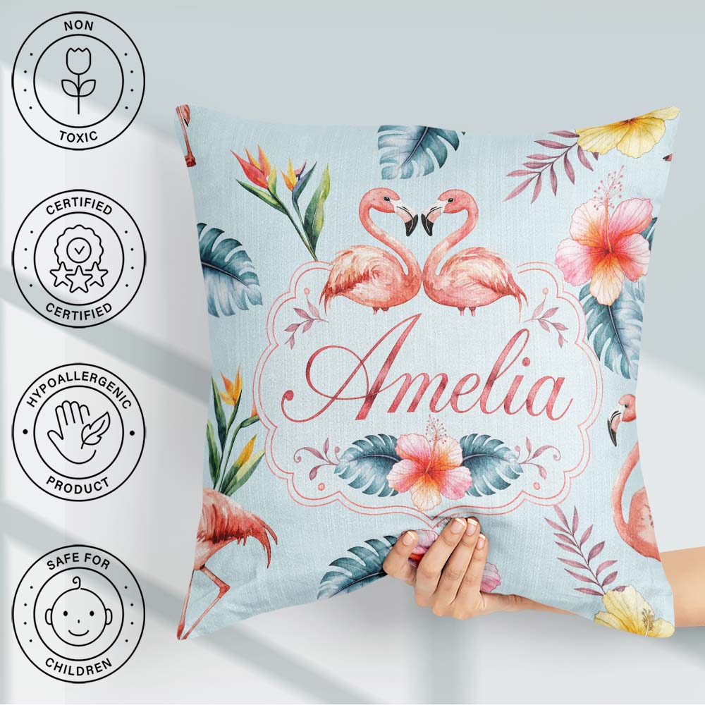 Custom Name Elegant Pink Tropical Flowers on Background Seamless Square Filled Cushion Throw Pillow Sofa Bed Home Decor Zip Washable UK Made