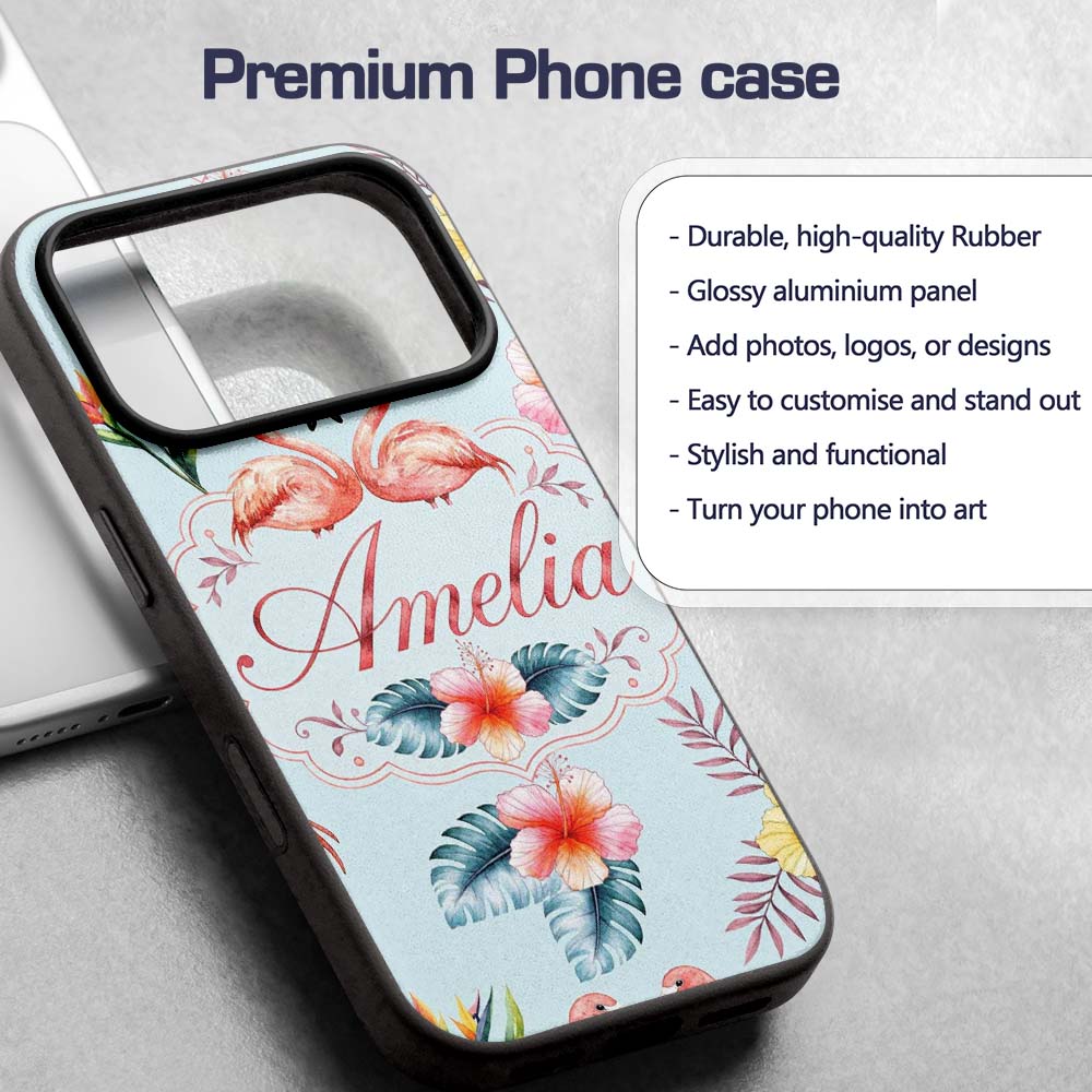 Elegant Pink Flamingos Tropical Flowers on Blue Custom Name Protective Phone Case Mobile Cover Durable Everyday Smartphone Shock Resistant