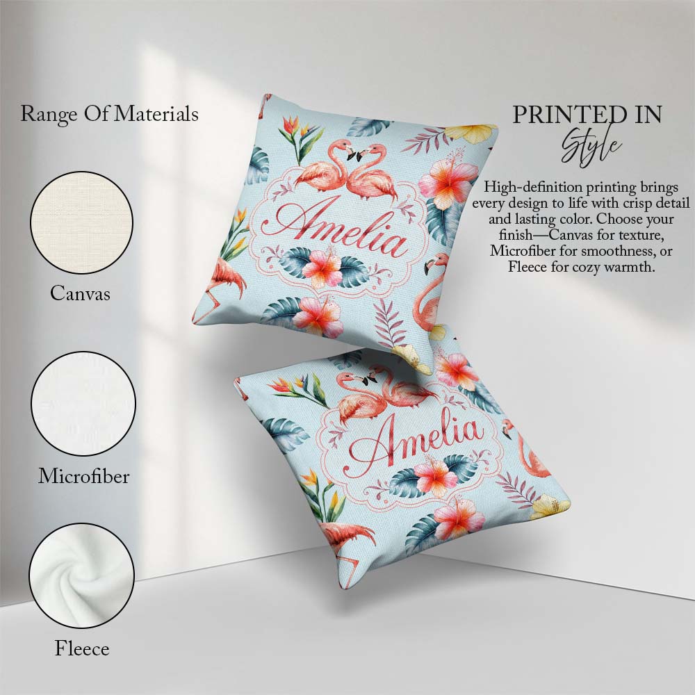 Custom Name Elegant Pink Tropical Flowers on Background Seamless Square Filled Cushion Throw Pillow Sofa Bed Home Decor Zip Washable UK Made