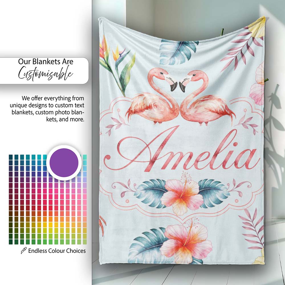 Elegant Pink Flamingos Tropical Flowers on Blue Background Seamless Personalised Custom Name Super Soft Fleece Blanket Bed Sofa Throw