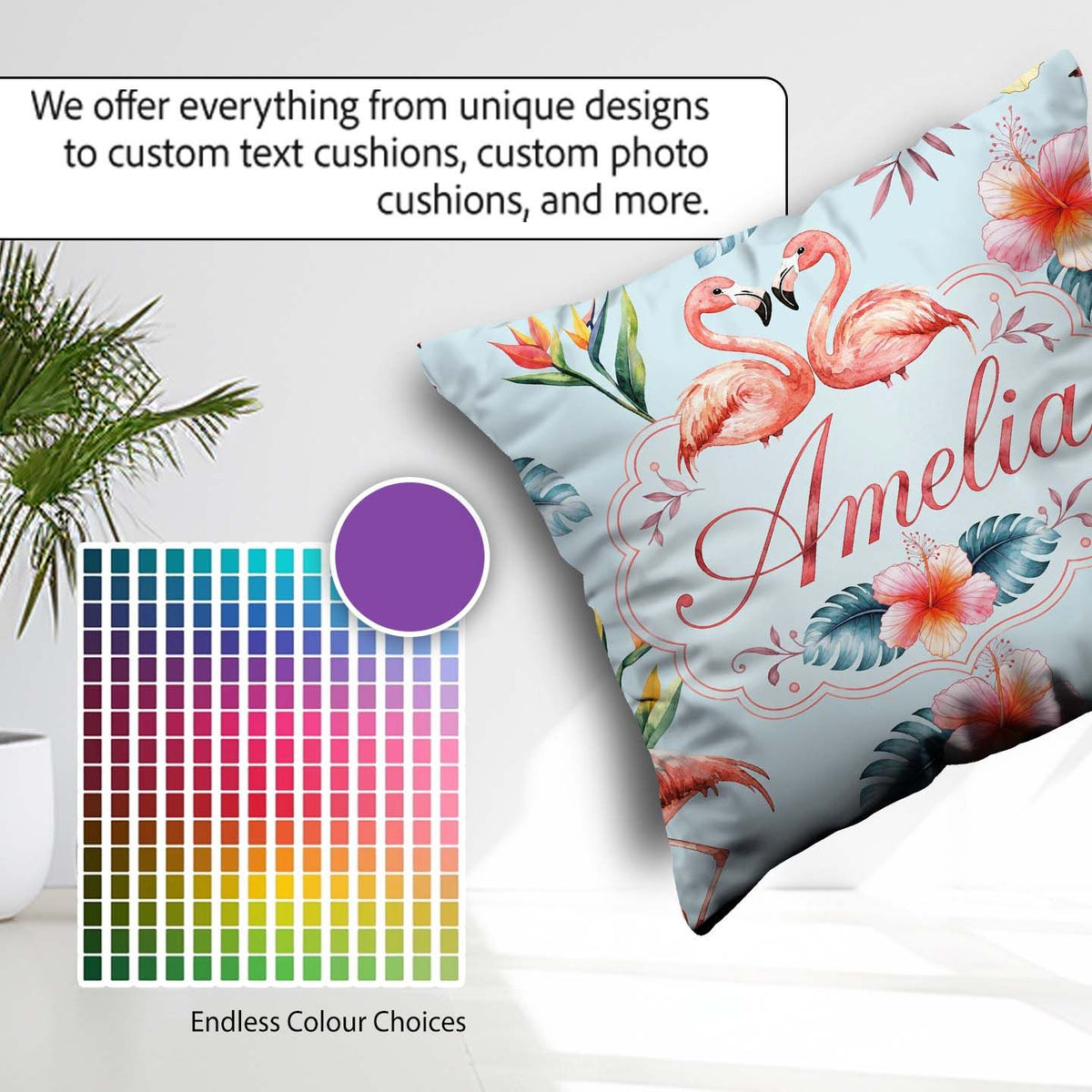Custom Name Elegant Pink Tropical Flowers on Background Seamless Square Filled Cushion Throw Pillow Sofa Bed Home Decor Zip Washable UK Made