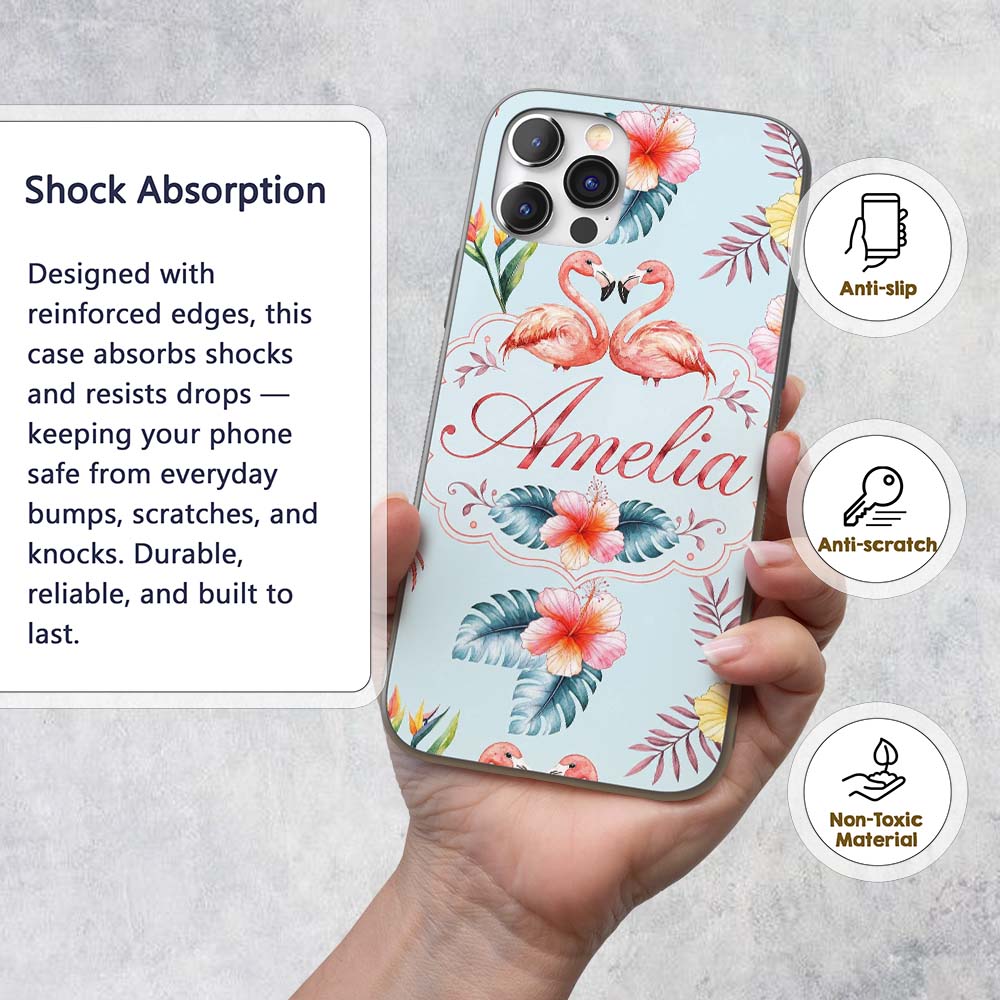 Elegant Pink Flamingos Tropical Flowers on Blue Custom Name Protective Phone Case Mobile Cover Durable Everyday Smartphone Shock Resistant