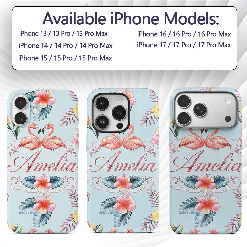 Elegant Pink Flamingos Tropical Flowers on Blue Custom Name Protective Phone Case Mobile Cover Durable Everyday Smartphone Shock Resistant