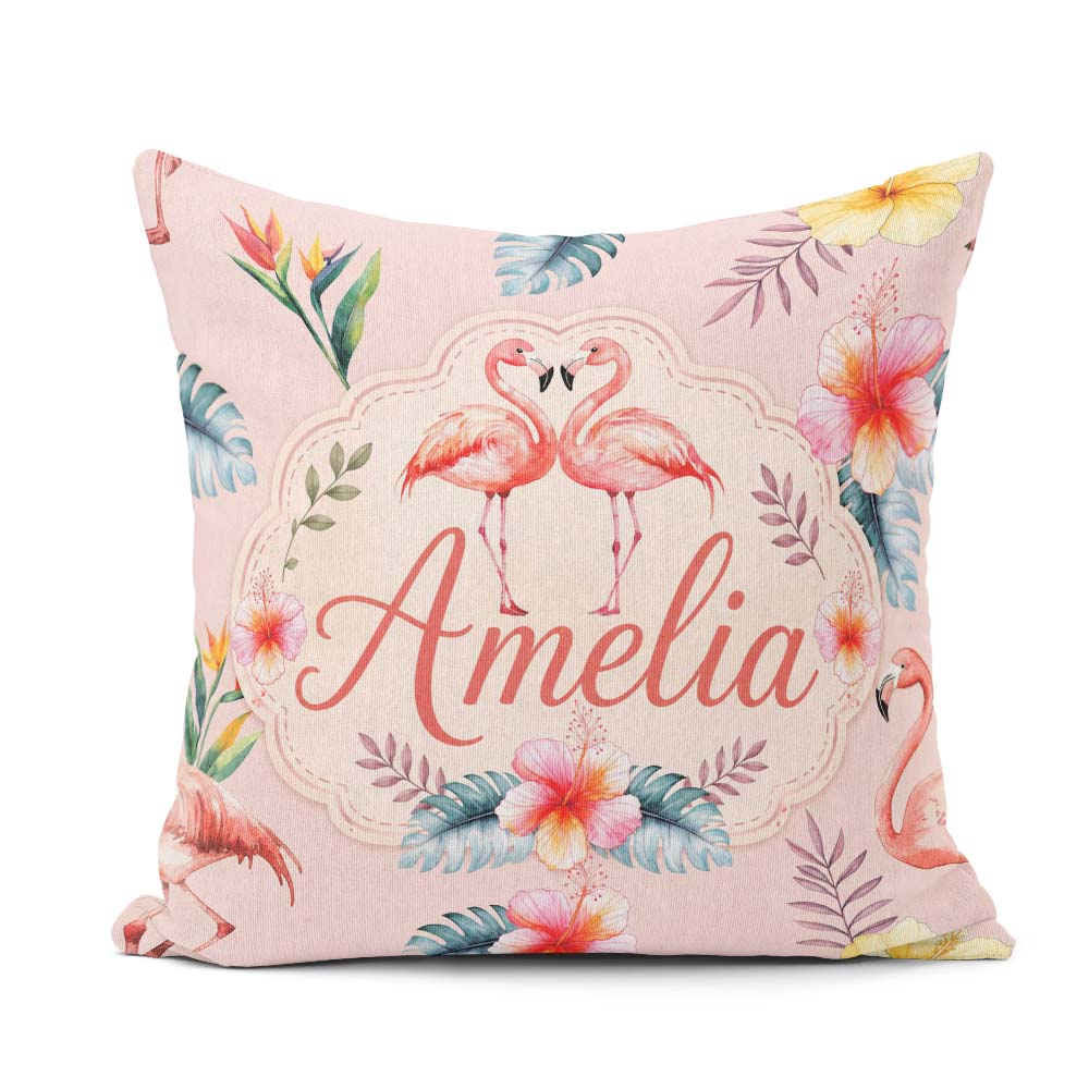 Custom Name Elegant Pink Tropical Flowers on Background Seamless Square Filled Cushion Throw Pillow Sofa Bed Home Decor Zip Washable UK Made